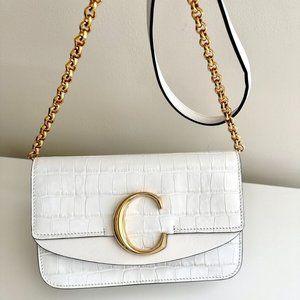 CHLOE C White Croc-Embossed Leather Shoulder Chain Bag